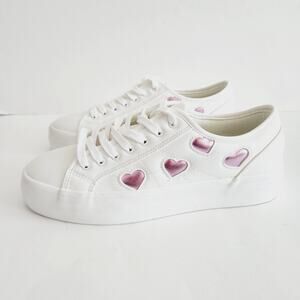 Sincerely Jules White Sneakers with Pink Metallic Hearts Faux Leather Size 9.5